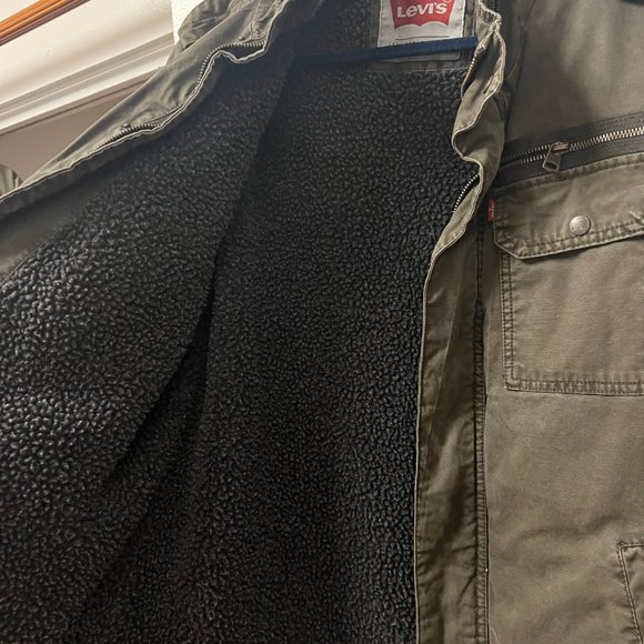 Levi's Men's Knit Collar Cotton Canvas Shell Trucker Jacket Olive LARGE - Picture 8 of 10